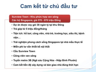 Cam kết từ chủ đầu tư 
3 
Sunview Town - Khu phức hợp ven sông 
Căn hộ Singapore, giá 570 - 970 triệu Đồng 
• Dự án được vay gói 30 ngàn tỷ tại khu Đông 
• Trả góp từ 5 triệu đồng/tháng 
• Tiện ích: hồ bơi, công viên, nhà trẻ, trường học, siêu thị, bệnh 
viện… 
• Trải nghiệm phong cách sống Singapore tại nhà mẫu thực tế 
• Miễn phí tư vấn thiết kế nội thất 
• Cầu Sunview Town 
• Công viên ven sông 
• Tuyến metro 3B (Ngã sáu Cộng Hòa - Hiệp Bình Phước) 
• Cam kết tiến độ xây dựng và bàn giao nhà đúng thời hạn 
 