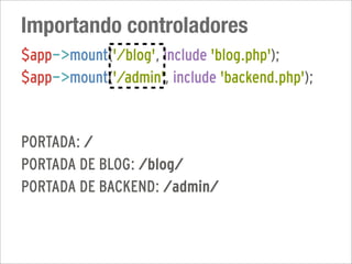 Importando controladores
$app->mount('/blog', include 'blog.php');
$app->mount('/admin', include 'backend.php');


PORTADA: /
PORTADA DE BLOG: /blog/
PORTADA DE BACKEND: /admin/
 