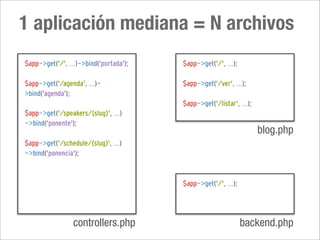 1 aplicación mediana = N archivos
$app->get('/', ...)->bind('portada');   $app->get('/', ...);

$app->get('/agenda', ...)-              $app->get('/ver', ...);
>bind('agenda');
                                        $app->get('/listar', ...);
$app->get('/speakers/{slug}', ...)
->bind('ponente');
                                                                     blog.php
$app->get('/schedule/{slug}', ...)
->bind('ponencia');



                                        $app->get('/', ...);




                 controllers.php                               backend.php
 