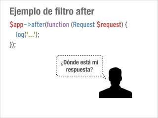 Ejemplo de filtro after
$app->after(function (Request $request) {
   log('...');
});

                 ¿Dónde está mi
                   respuesta?
 