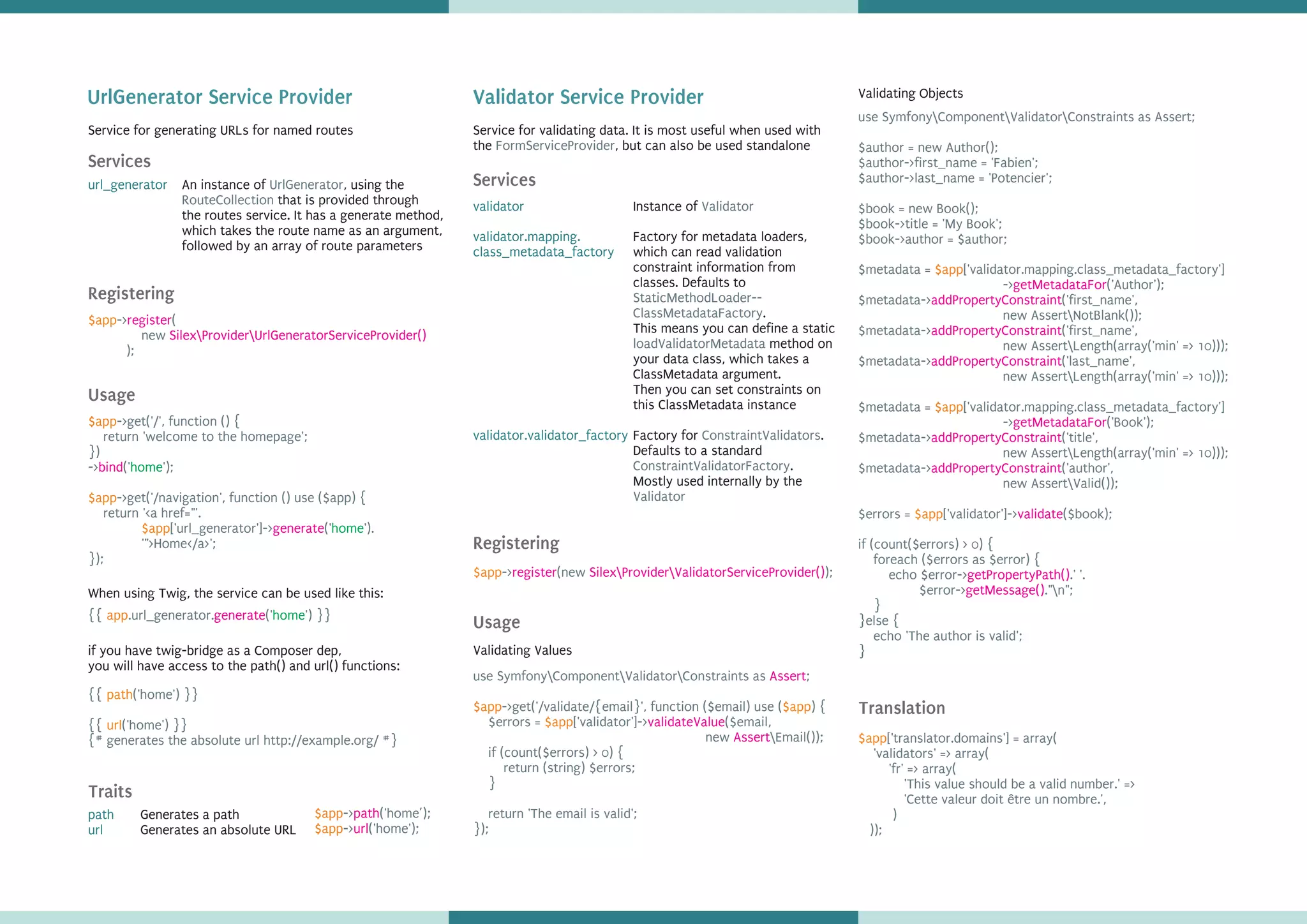 Services
Service for generating URLs for named routes
Usage
$app
$app
$app
->get('/', function () {
return 'welcome to the homepage';
})
-> (' ');
->get('/navigation', function () use ($app) {
return '<a href="'.
['url_generator']-> (' ').
'">Home</a>';
});
bind
generate
home
home
When using Twig, the service can be used like this:
{{ .url_generator. (' ) }}app generate home'
if you have twig-bridge as a Composer dep,
you will have access to the path() and url() functions:
{{ ('home') }}
{{ ('home') }}
{# generates the absolute url http://example.org/ #}
path
url
Traits
path
url
$app
$app
-> ('home’);
-> ('home');
path
url
Registering
$app-> (
new
);
register
SilexProviderUrlGeneratorServiceProvider()
UrlGenerator Service Provider
url_generator An instance of , using the
that is provided through
the routes service. It has a generate method,
which takes the route name as an argument,
followed by an array of route parameters
UrlGenerator
RouteCollection
Generates a path
Generates an absolute URL
Service for validating data. It is most useful when used with
the , but can also be used standaloneFormServiceProvider
Validator Service Provider
Services
Registering
validator
validator.mapping.
class_metadata_factory
validator.validator_factory
$app-> (new );register SilexProviderValidatorServiceProvider()
Instance of
Factory for metadata loaders,
which can read validation
constraint information from
classes. Defaults to
.
This means you can define a static
method on
your data class, which takes a
ClassMetadata argument.
Then you can set constraints on
this ClassMetadata instance
Factory for .
Defaults to a standard
.
Mostly used internally by the
Validator
StaticMethodLoader--
ClassMetadataFactory
loadValidatorMetadata
ConstraintValidators
ConstraintValidatorFactory
Validator
Usage
use SymfonyComponentValidatorConstraints as ;
->get('/validate/{email}', function ($email) use ( ) {
$errors = ['validator']-> ($email,
new Email());
if (count($errors) > 0) {
return (string) $errors;
}
return 'The email is valid';
});
Assert
validateValue
Assert
$app $app
$app
use SymfonyComponentValidatorConstraints as Assert;
$author = new Author();
$author->first_name = 'Fabien';
$author->last_name = 'Potencier';
$book = new Book();
$book->title = 'My Book';
$book->author = $author;
$metadata = ['validator.mapping.class_metadata_factory']
-> ('Author');
$metadata-> ('first_name',
new AssertNotBlank());
$metadata-> ('first_name',
new AssertLength(array('min' => 10)));
$metadata-> ('last_name',
new AssertLength(array('min' => 10)));
$metadata = ['validator.mapping.class_metadata_factory']
-> ('Book');
$metadata-> ('title',
new AssertLength(array('min' => 10)));
$metadata-> ('author',
new AssertValid());
$errors = ['validator']-> ($book);
if (count($errors) > 0) {
foreach ($errors as $error) {
echo $error-> .' '.
$error-> ."n";
}
}else {
echo 'The author is valid';
}
$app
$app
$app
getMetadataFor
addPropertyConstraint
addPropertyConstraint
addPropertyConstraint
getMetadataFor
addPropertyConstraint
addPropertyConstraint
validate
getPropertyPath()
getMessage()
Validating Objects
Validating Values
Translation
$app['translator.domains'] = array(
'validators' => array(
'fr' => array(
'This value should be a valid number.' =>
'Cette valeur doit être un nombre.',
)
));
 