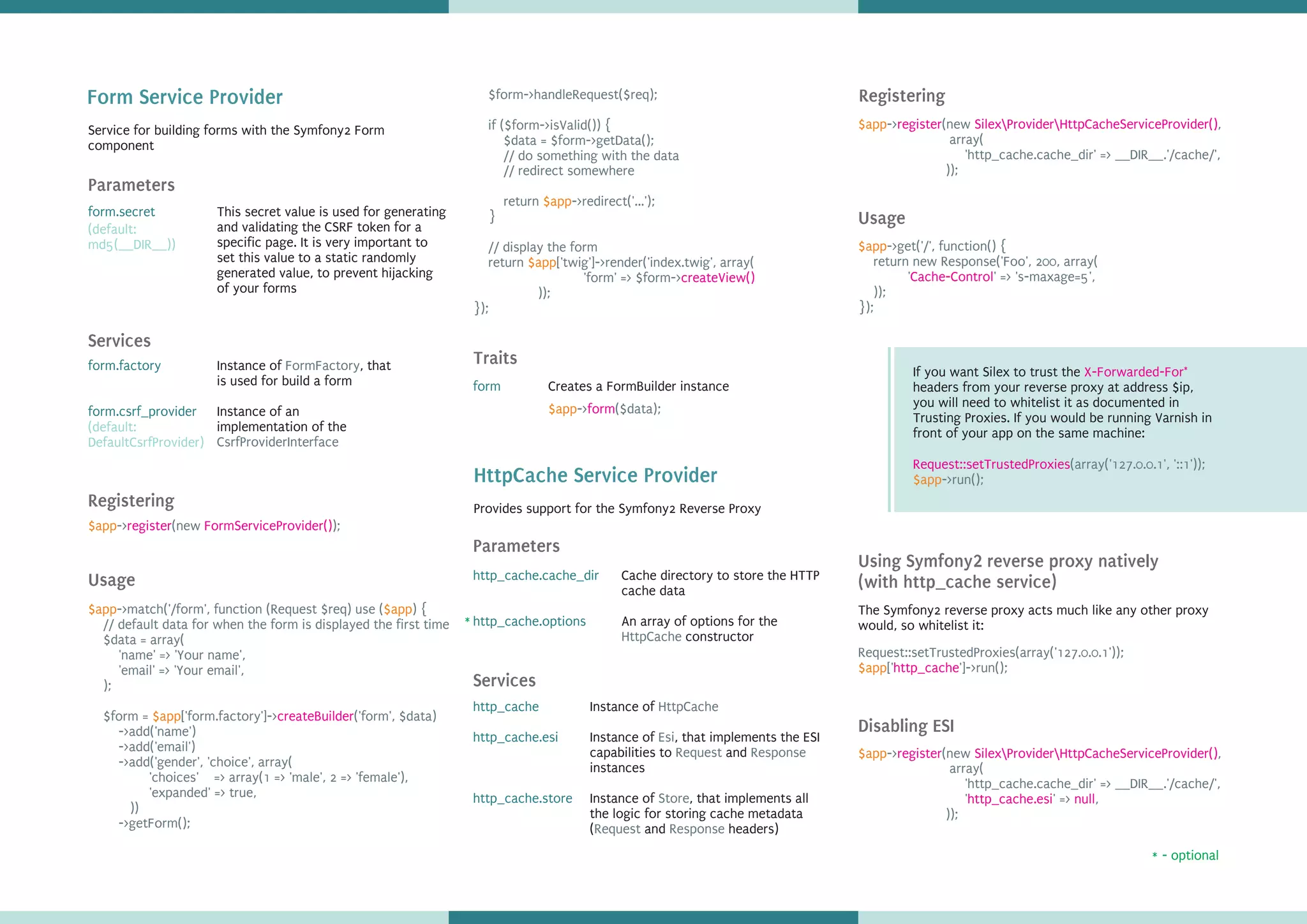 Usage
Traits
form.secret
Registering
$app-> (new );register FormServiceProvider()
$app $app
$app
->match('/form', function (Request $req) use ( ) {
// default data for when the form is displayed the first time
$data = array(
'name' => 'Your name',
'email' => 'Your email',
);
$form = ['form.factory']-> ('form', $data)
->add('name')
->add('email')
->add('gender', 'choice', array(
'choices' => array(1 => 'male', 2 => 'female'),
'expanded' => true,
))
->getForm();
createBuilder
form
$app-> ($data);form
HttpCache Service Provider
Parameters
Services
Registering
Usage
http_cache.cache_dir
http_cache.options
http_cache
http_cache.esi
http_cache.store
$app-> (new ,
array(
'http_cache.cache_dir' => __DIR__.'/cache/',
));
register SilexProviderHttpCacheServiceProvider()
->get('/', function() {
return new Response('Foo', 200, array(
' ' => 's-maxage=5',
));
});
$app
Cache-Control
Parameters
Service for building forms with the Symfony2 Form
component
Form Service Provider
This secret value is used for generating
and validating the CSRF token for a
specific page. It is very important to
set this value to a static randomly
generated value, to prevent hijacking
of your forms
(default:
md5(__DIR__))
Services
form.factory
form.csrf_provider
Instance of , that
is used for build a form
Instance of an
implementation of the
FormFactory
CsrfProviderInterface
(default:
DefaultCsrfProvider)
$form->handleRequest($req);
if ($form->isValid()) {
$data = $form->getData();
// do something with the data
// redirect somewhere
return ->redirect('...');
}
// display the form
return ['twig']->render('index.twig', array(
'form' => $form->
));
});
$app
$app
createView()
Creates a FormBuilder instance
Provides support for the Symfony2 Reverse Proxy
Cache directory to store the HTTP
cache data
An array of options for the
constructorHttpCache
- optional*
*
Instance of
Instance of , that implements the ESI
capabilities to and
instances
Instance of , that implements all
the logic for storing cache metadata
( and headers)
HttpCache
Esi
Request Response
Store
Request Response
If you want Silex to trust the
headers from your reverse proxy at address $ip,
you will need to whitelist it as documented in
Trusting Proxies. If you would be running Varnish in
front of your app on the same machine:
X-Forwarded-For*
Request::setTrustedProxies(array('127.0.0.1', '::1'));
->run();$app
Using Symfony2 reverse proxy natively
(with http_cache service)
Request::setTrustedProxies(array('127.0.0.1'));
[' ']->run();$app http_cache
The Symfony2 reverse proxy acts much like any other proxy
would, so whitelist it:
Disabling ESI
$app-> (new ,
array(
'http_cache.cache_dir' => __DIR__.'/cache/',
' ' => ,
));
register SilexProviderHttpCacheServiceProvider()
http_cache.esi null
 