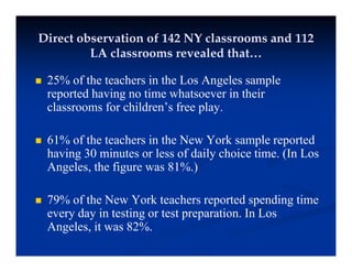 Direct observation of 142 NY classrooms and 112
LA l l d th t
LA classrooms revealed that…
 25% of the teachers in the Los Angeles sample
g p
reported having no time whatsoever in their
classrooms for children’s free play.
 61% of the teachers in the New York sample reported
having 30 minutes or less of daily choice time (In Los
having 30 minutes or less of daily choice time. (In Los
Angeles, the figure was 81%.)
 79% of the New York teachers reported spending time
every day in testing or test preparation. In Los
Angeles, it was 82%.
 