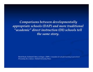 Comparisons between developmentally
Comparisons between developmentally
appropriate schools (DAP) and more traditional
“academic” direct instruction (DI) schools tell
the same story.
Hirsh-Pasek, Golinkoff, Berk, & Singer. (2009). A mandate for playful learning in preschool:
Presenting the evidence Oxford University Press
Presenting the evidence. Oxford University Press.
 