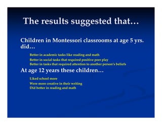 The results suggested that…
The results suggested that…
The results suggested that…
The results suggested that…
Child i M t i l t 5
Children in Montessori classrooms at age 5 yrs.
did…
Better in academic tasks like reading and math
Better in academic tasks like reading and math
Better in social tasks that required positive peer play
Better in tasks that required attention to another person’s beliefs
At age 12 years these children
At age 12 years these children…
Liked school more
Were more creative in their writing
Did better in reading and math
 
