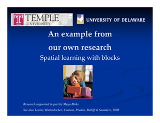 An example from
p
our own research
Spatial learning with blocks
Research supported in part by Mega Bloks
See also Levine, Huttenlocher, Cannon, Pruden, Ratliff & Saunders, 2008
 