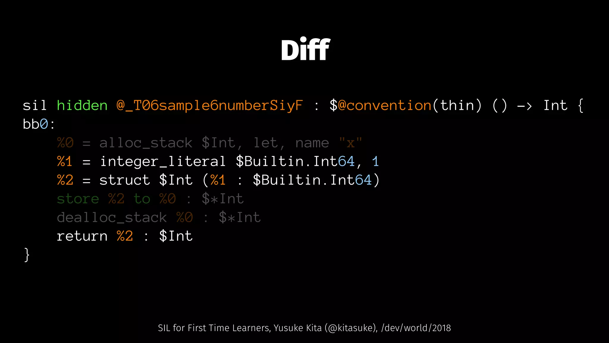 Diff
sil hidden @_T06sample6numberSiyF : $@convention(thin) () -> Int {
bb0:
%0 = alloc_stack $Int, let, name "x"
%1 = integer_literal $Builtin.Int64, 1
%2 = struct $Int (%1 : $Builtin.Int64)
store %2 to %0 : $*Int
dealloc_stack %0 : $*Int
return %2 : $Int
}
SIL for First Time Learners, Yusuke Kita (@kitasuke), /dev/world/2018
 