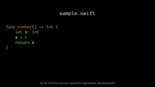 sample.swift
func number() -> Int {
let x: Int
x = 1
return x
}
SIL for First Time Learners, Yusuke Kita (@kitasuke), /dev/world/2018
 