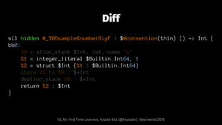 Diff
sil hidden @_T06sample6numberSiyF : $@convention(thin) () -> Int {
bb0:
%0 = alloc_stack $Int, let, name "x"
%1 = integer_literal $Builtin.Int64, 1
%2 = struct $Int (%1 : $Builtin.Int64)
store %2 to %0 : $*Int
dealloc_stack %0 : $*Int
return %2 : $Int
}
SIL for First Time Learners, Yusuke Kita (@kitasuke), /dev/world/2018
 