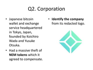Q2. Corporation
• Japanese bitcoin
wallet and exchange
service headquartered
in Tokyo, Japan,
founded by Koichiro
Wada and Yusuke
Otsuka.
• Had a massive theft of
NEM tokens which it
agreed to compensate.
• Identify the company
from its redacted logo.
 