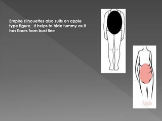 Empire silhouettes also suits on apple
type figure. It helps to hide tummy as it
has flares from bust line
 