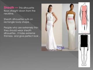 Sheath — This silhouette
flows straight down from the
neckline,
Sheath silhouettes suits on
rectangle body shape .
People who are extremely thin
they should wear sheath
silhouettes , it hides extreme
thinness and give perfect look .
 