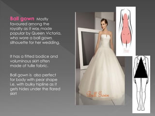 Ball gown Mostly
favoured among the
royalty as it was made
popular by Queen Victoria,
who wore a ball gown
silhouette for her wedding.
It has a fitted bodice and
voluminous skirt often
made of tulle fabric.
Ball gown is also perfect
for body with pear shape
i.e. with bulky hipline as it
gets hides under the flared
skirt
 