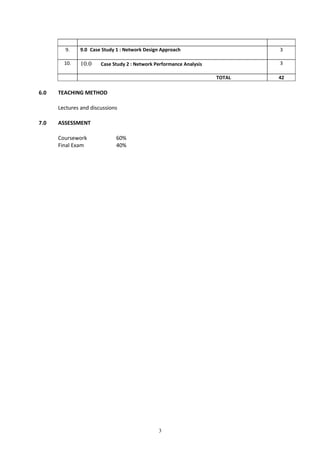 9.     9.0 Case Study 1 : Network Design Approach                    3

        10.    10.0    Case Study 2 : Network Performance Analysis           3

                                                                     TOTAL   42

6.0   TEACHING METHOD

      Lectures and discussions

7.0   ASSESSMENT

      Coursework              60%
      Final Exam              40%




                                               3
 