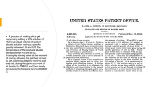 • A process of making silica gel
comprising adding a 10% solution of
HCl to an equal volume of sodium
silicate solution having a. specific
gravity between 1.15 and 1.22, the
temperature of the acid and silicate
being between 45 and 55 (3.,
thoroughly stirring same at the moment
of mixing, allowing the gel thus formed
to set, washing saldgel to remove acid
and salt, drying the gel in a current of
air heated to 75l20 (l, and then slowly
increasing the tempera ture to 300400
C.