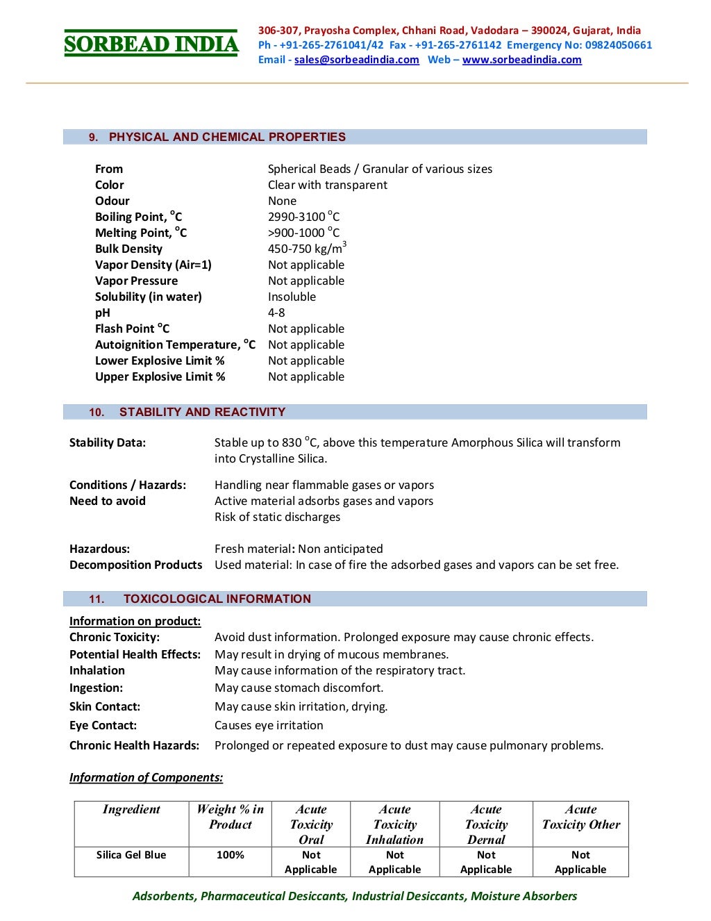 Silica Gel Blue MSDS