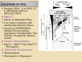DIAGENESIS OF OPAL
Biogenic OPAL -A to OPAL CT
to MICROQUARTZ to
MEGAQUARTZ
Opal CT
 Interm. & Metastable Phase
 Low temp Cristobalite with
interlayered tridymite lattices
 Occurs as LEPISPHERES
(Bladed Microcrystalline
aggregates), Nonspherulitic, Rim
cements, Overgrowth, Massive
cement
Solution -Reprecipitation
 Opal A – Opal CT then Opal CT
– Microquartz
Solid-Solid Transformation
 Metamorphism
 Microquartz to Megaquartz
 