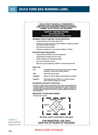 Return to Table of Contents156
9.3 SILICA FUME BAG WARNING LABEL
FIGURE 9.3.
Warning label from
bagged silica fume.
 