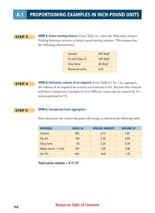 Return to Table of Contents168
A.1 PROPORTIONING EXAMPLES IN INCH-POUND UNITS
STEP 3. Select starting mixture. From Table A.1 select the Milwaukee Airport
Parking Structure mixture as being a good starting mixture. This mixture has
the following characteristics:
Cement 565 lb/yd3
Fly ash (Class C) 100 lb/yd3
Silica fume 40 lb/yd3
Maximum w/cm 0.35
STEP 4. Determine volume of air required. From Table 6.1 for 1 in. aggregate,
the volume of air required for a severe environment is 6%. Because this concrete
will have a compressive strength of over 5,000 psi, reduce the air content by 1%
and proportion for 5%.
STEP 5. Incorporate local aggregates.
First, determine the volume the paste will occupy, as shown in the following table:
STEP 3
STEP 4
STEP 5
MATERIAL MASS, lb SPECIFIC GRAVITY VOLUME, ft3
Cement 565 3.15 2.87
Fly ash 100 2.50 0.64
Silica fume 40 2.20 0.29
Water (w/cm = 0.35) 247 1.00 3.96
Air, 5% N/A N/A 1.35
Total paste volume = 9.11 ft3
 