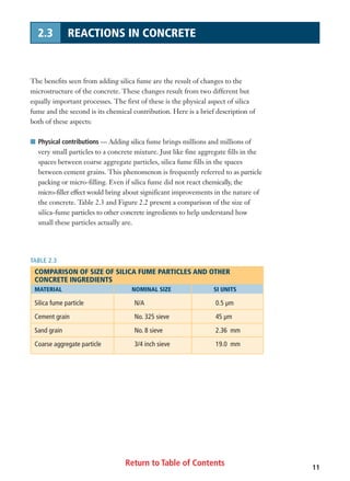Return to Table of Contents 11
2.3 REACTIONS IN CONCRETE
The benefits seen from adding silica fume are the result of changes to the
microstructure of the concrete. These changes result from two different but
equally important processes. The first of these is the physical aspect of silica
fume and the second is its chemical contribution. Here is a brief description of
both of these aspects:
I Physical contributions — Adding silica fume brings millions and millions of
very small particles to a concrete mixture. Just like fine aggregate fills in the
spaces between coarse aggregate particles, silica fume fills in the spaces
between cement grains. This phenomenon is frequently referred to as particle
packing or micro-filling. Even if silica fume did not react chemically, the
micro-filler effect would bring about significant improvements in the nature of
the concrete. Table 2.3 and Figure 2.2 present a comparison of the size of
silica-fume particles to other concrete ingredients to help understand how
small these particles actually are.
TABLE 2.3
COMPARISON OF SIZE OF SILICA FUME PARTICLES AND OTHER
CONCRETE INGREDIENTS
MATERIAL NOMINAL SIZE SI UNITS
Silica fume particle N/A 0.5 µm
Cement grain No. 325 sieve 45 µm
Sand grain No. 8 sieve 2.36 mm
Coarse aggregate particle 3/4 inch sieve 19.0 mm
 