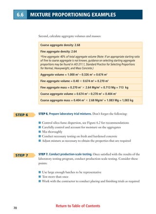 Return to Table of Contents70
6.6 MIXTURE PROPORTIONING EXAMPLES
Second, calculate aggregate volumes and masses:
Coarse aggregate density: 2.68
Fine aggregate density: 2.64
*Fine aggregate: 40% of total aggregate volume (Note: If an appropriate starting ratio
of fine to coarse aggregate is not known, guidance on selecting starting aggregate
proportions may be found in ACI 211.1, Standard Practice for Selecting Proportions
for Normal, Heavyweight, and Mass Concrete.)
Aggregate volume = 1.000 m3
– 0.326 m3
= 0.674 m3
Fine aggregate volume = 0.40 ϫ 0.674 m3
= 0.270 m3
Fine aggregate mass = 0.270 m3
ϫ 2.64 Mg/m3
= 0.713 Mg = 713 kg
Coarse aggregate volume = 0.674 m3
– 0.270 m3
= 0.404 m3
Coarse aggregate mass = 0.404 m3
ϫ 2.68 Mg/m3
= 1.083 Mg = 1,083 kg
STEP 6. Prepare laboratory trial mixtures. Don’t forget the following:
I Control silica fume dispersion, see Figure 6.2 for recommendations
I Carefully control and account for moisture on the aggregates
I Mix thoroughly
I Conduct necessary testing on fresh and hardened concrete
I Adjust mixture as necessary to obtain the properties that are required
STEP 7. Conduct production-scale testing. Once satisfied with the results of the
laboratory testing program, conduct production-scale testing. Consider these
points:
I Use large enough batches to be representative
I Test more than once
I Work with the contractor to conduct placing and finishing trials as required
STEP 6
STEP 7
 