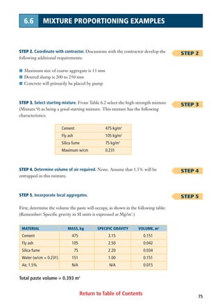 Return to Table of Contents
STEP 2. Coordinate with contractor. Discussions with the contractor develop the
following additional requirements:
I Maximum size of coarse aggregate is 13 mm
I Desired slump is 200 to 250 mm
I Concrete will primarily be placed by pump
STEP 3. Select starting mixture. From Table 6.2 select the high-strength mixture
(Mixture 9) as being a good starting mixture. This mixture has the following
characteristics:
Cement 475 kg/m3
Fly ash 105 kg/m3
Silica fume 75 kg/m3
Maximum w/cm 0.231
STEP 4. Determine volume of air required. None. Assume that 1.5% will be
entrapped in this mixture.
STEP 5. Incorporate local aggregates.
First, determine the volume the paste will occupy, as shown in the following table:
(Remember: Specific gravity in SI units is expressed as Mg/m3
.)
75
6.6 MIXTURE PROPORTIONING EXAMPLES
MATERIAL MASS, kg SPECIFIC GRAVITY VOLUME, m3
Cement 475 3.15 0.151
Fly ash 105 2.50 0.042
Silica fume 75 2.20 0.034
Water (w/cm = 0.231) 151 1.00 0.151
Air, 1.5% N/A N/A 0.015
Total paste volume = 0.393 m3
STEP 2
STEP 3
STEP 4
STEP 5
 