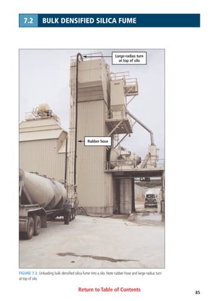 Return to Table of Contents 85
7.2 BULK DENSIFIED SILICA FUME
FIGURE 7.3. Unloading bulk densified silica fume into a silo. Note rubber hose and large-radius turn
at top of silo.
Rubber hose
Large-radius turn
at top of silo
 