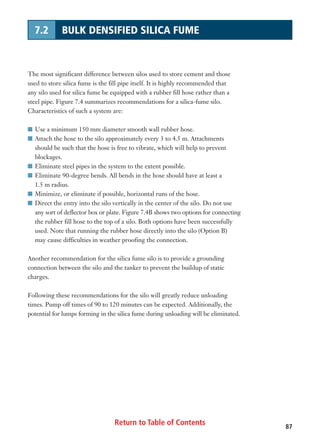 Return to Table of Contents 87
7.2 BULK DENSIFIED SILICA FUME
The most significant difference between silos used to store cement and those
used to store silica fume is the fill pipe itself. It is highly recommended that
any silo used for silica fume be equipped with a rubber fill hose rather than a
steel pipe. Figure 7.4 summarizes recommendations for a silica-fume silo.
Characteristics of such a system are:
I Use a minimum 150 mm diameter smooth wall rubber hose.
I Attach the hose to the silo approximately every 3 to 4.5 m. Attachments
should be such that the hose is free to vibrate, which will help to prevent
blockages.
I Eliminate steel pipes in the system to the extent possible.
I Eliminate 90-degree bends. All bends in the hose should have at least a
1.5 m radius.
I Minimize, or eliminate if possible, horizontal runs of the hose.
I Direct the entry into the silo vertically in the center of the silo. Do not use
any sort of deflector box or plate. Figure 7.4B shows two options for connecting
the rubber fill hose to the top of a silo. Both options have been successfully
used. Note that running the rubber hose directly into the silo (Option B)
may cause difficulties in weather proofing the connection.
Another recommendation for the silica fume silo is to provide a grounding
connection between the silo and the tanker to prevent the buildup of static
charges.
Following these recommendations for the silo will greatly reduce unloading
times. Pump off times of 90 to 120 minutes can be expected. Additionally, the
potential for lumps forming in the silica fume during unloading will be eliminated.
 