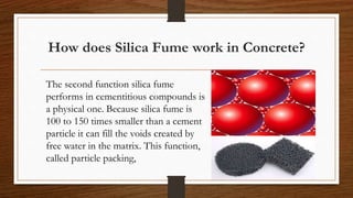 How does Silica Fume work in Concrete?
The second function silica fume
performs in cementitious compounds is
a physical one. Because silica fume is
100 to 150 times smaller than a cement
particle it can fill the voids created by
free water in the matrix. This function,
called particle packing,
 