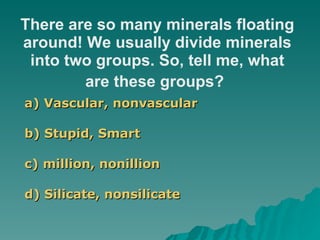 There are so many minerals floating around! We usually divide minerals into two groups. So, tell me, what are these groups?   a) Vascular, nonvascular b) Stupid, Smart c) million, nonillion d) Silicate, nonsilicate 