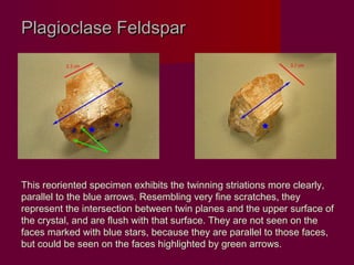 Plagioclase Feldspar




This reoriented specimen exhibits the twinning striations more clearly,
parallel to the blue arrows. Resembling very fine scratches, they
represent the intersection between twin planes and the upper surface of
the crystal, and are flush with that surface. They are not seen on the
faces marked with blue stars, because they are parallel to those faces,
but could be seen on the faces highlighted by green arrows.
 
