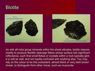 Biotite




As with all mica group minerals within the sheet silicates, biotite cleaves
readily to produce flexible cleavage flakes whose surface has significant
reflectance, such that small flakes or crystals within a rock typically glint.
It is soft as well, and not readily confused with anything else. You may
rely on the colour to be this consistent, almost black or very dark brown
shade, to distinguish from other micas, such as muscovite.
 