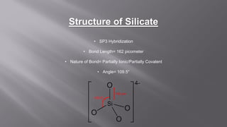 Structure of Silicate
• SP3 Hybridization
• Bond Length= 162 picometer
• Nature of Bond= Partially Ionic/Partially Covalent
• Angle= 109.5°
 
