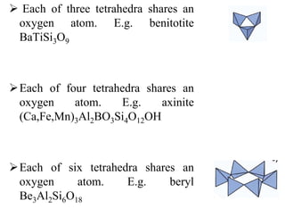  Each of three tetrahedra shares an
oxygen atom. E.g. benitotite
BaTiSi3O9
Each of four tetrahedra shares an
oxygen atom. E.g. axinite
(Ca,Fe,Mn)3Al2BO3Si4O12OH
Each of six tetrahedra shares an
oxygen atom. E.g. beryl
Be3Al2Si6O18
 
