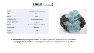BERILO(Be3Al2Si6O18)
COLOR Verde, azul, amarillo, blanco, rosa
RAYA Blanca
BRILLO Vítreo
TRANSPARENCIA Transparente a traslúcido
SISTEMA CRISTALINO Hexagonal
HÁBITO De masivo a cristalino bien definido
EXFOLIACIÓN Imperfecta
DUREZA 7.5-8
DENSIDAD 2.63
 Yacimiento: Aparece generalmente en las rocas graníticas, tanto en drusas como en las
vetas pegmatíticas. También en los esquistos micáceos y asociados a menas de estaño.
 