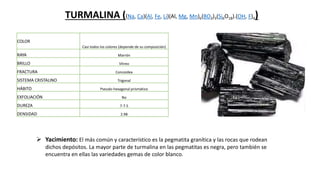 TURMALINA ((Na, Ca)(Al, Fe, Li)(Al, Mg, Mn)6(BO3)3(Si6O18).(OH, F)4)
COLOR
Casi todos los colores (depende de su composición)
RAYA Marrón
BRILLO Vítreo
FRACTURA Concoidea
SISTEMA CRISTALINO Trigonal
HÁBITO Pseudo-hexagonal prismático
EXFOLIACIÓN No
DUREZA 7-7.5
DENSIDAD 2.98
 Yacimiento: El más común y característico es la pegmatita granítica y las rocas que rodean
dichos depósitos. La mayor parte de turmalina en las pegmatitas es negra, pero también se
encuentra en ellas las variedades gemas de color blanco.
 