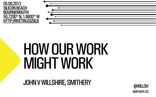 SMITHERY.CO
@WILLSH
HOWOURWORK
MIGHTWORK
05.09.2013
SILICONBEACH
BOURNEMOUTH
50.7200°N,1.8800°W
HTTP://RIVETIN.GS/SILB
JOHNVWILLSHIRE,SMITHERY
 