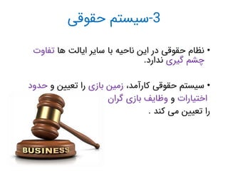 3
-
‫حقوقی‬ ‫سیستم‬
•
‫ها‬ ‫ایالت‬ ‫سایر‬ ‫با‬ ‫ناحیه‬ ‫این‬ ‫در‬ ‫حقوقی‬ ‫نظام‬
‫تفاوت‬
‫گیری‬ ‫چشم‬
‫ندارد‬
.
•
،‫کارآمد‬ ‫حقوقی‬ ‫سیستم‬
‫بازی‬ ‫زمین‬
‫و‬ ‫تعیین‬ ‫را‬
‫حد‬
‫ود‬
‫اختیارات‬
‫و‬
‫گران‬ ‫بازی‬ ‫وظایف‬
‫کند‬ ‫می‬ ‫تعیین‬ ‫را‬
.
 