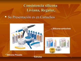 Consistencia silicona
                        Liviana, Regular,
    Su Presentación es en Cartuchos


                                        Silicona-cartuchos




    Silicona Pesada.
                             Cánulas
 