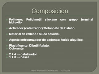 ComposicionPolímero: Polidimetilsiloxano con grupo terminal hidroxilo.Activador (catalizador):Octanoato de Estaño.Material de relleno : Sílice coloidal.Agente entrecruzador de cadenas: Ácido alquílico.Plastificante: Dibutilftalato.Colorante.2 + 4 -> catalizador.1 + 3 -> bases.21/09/2011Marco Antonio Nava Nochebuena.