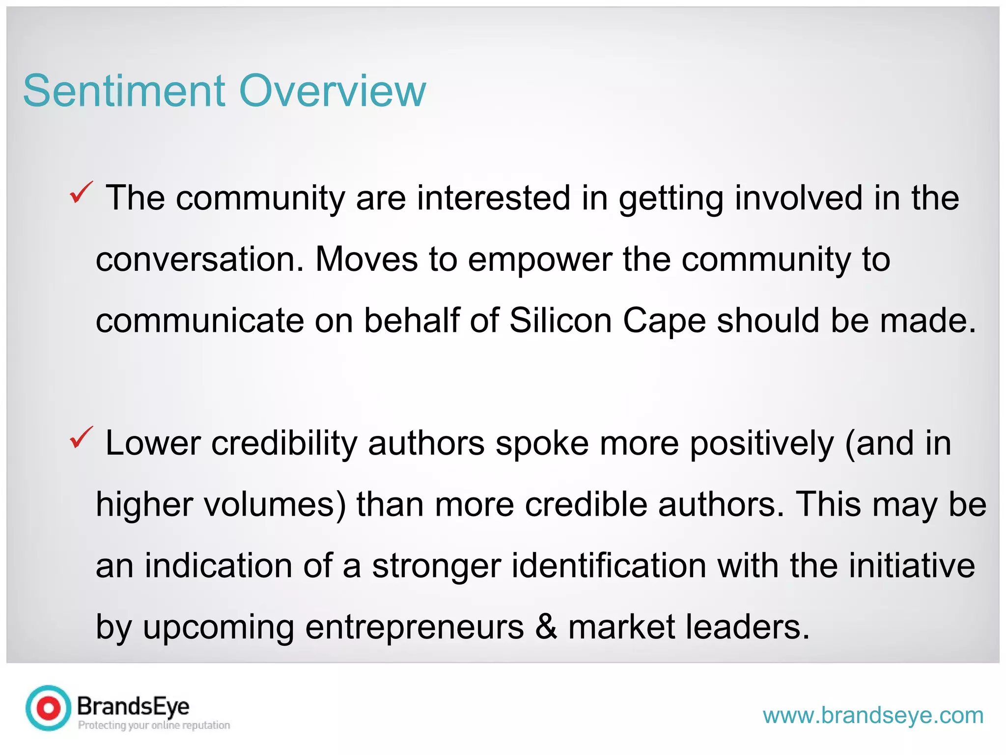 Sentiment Overview Lower credibility authors spoke more positively (and in higher volumes) than more credible authors. This is likely because they have more to gain (in personal and business growth) and therefore wish to lever the community.  Mentorship programs should be constructed to assist young entrepreneurs through the early stages of business development. 
