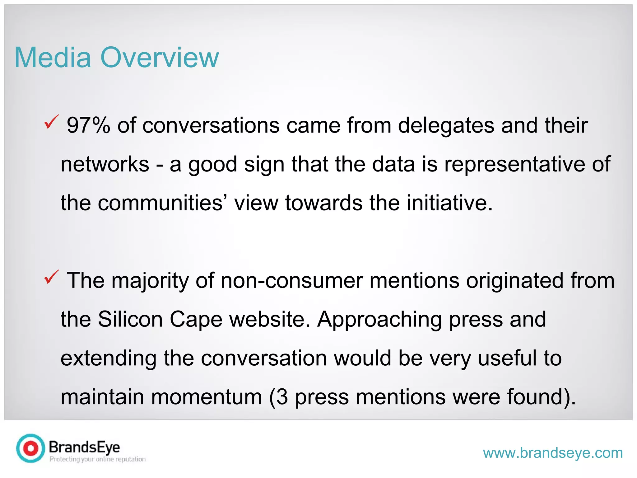 Media Overview 97% of conversations came from delegates and their networks. A concerted effort should be taken to get more businesses involved in the initiative (in their business capacity) – not just employees in their personal capacity. Integrating the press and highlighting their role in the success of Silicon Cape is critical to continued growth.  