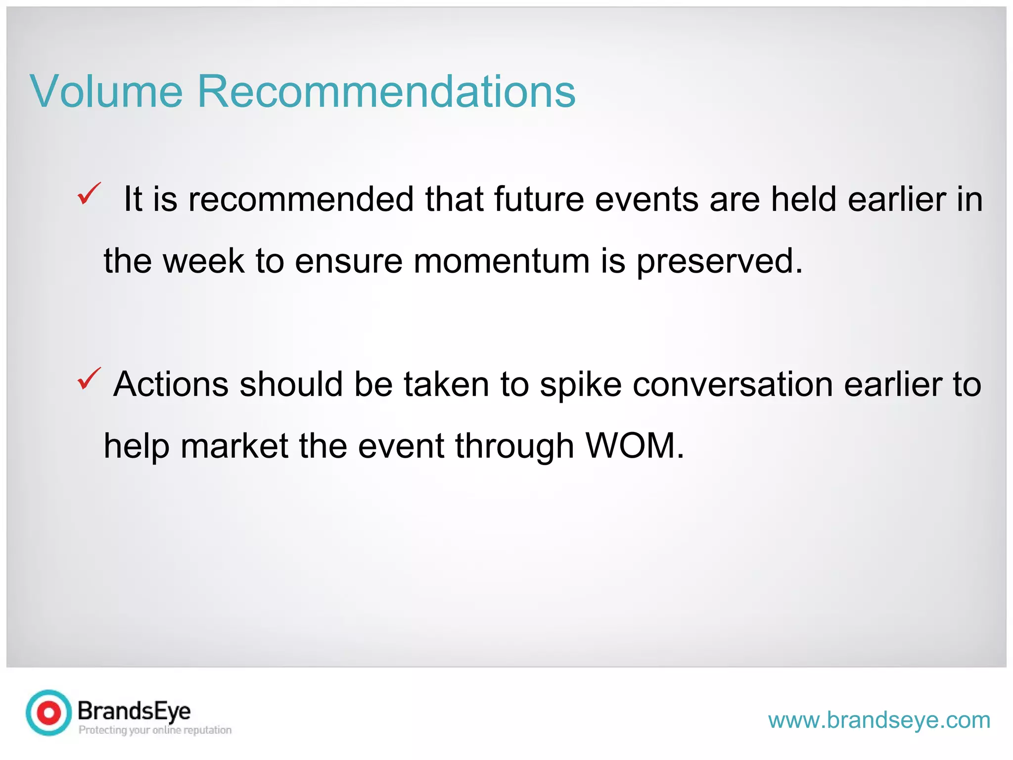 Volume Recommendations A communications plan is required to guide the build up of momentum prior to events and the management of conversation post events. This could significantly improve the longevity of the momentum. Sharing this plan with and empowering key influencers will help drive authentic, community centric engagement – ultimately improving momentum. 