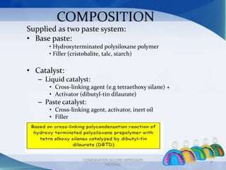 COMPOSITION
Supplied as two paste system:
• Base paste:
• Hydroxyterminated polysiloxane polymer
• Filler (cristobalite, t...