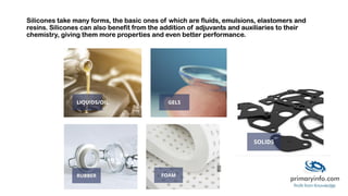 Forms of silicones
Silicones take many forms, the basic ones of which are fluids, emulsions, elastomers and
resins. Silicones can also benefit from the addition of adjuvants and auxiliaries to their
chemistry, giving them more properties and even better performance.
 