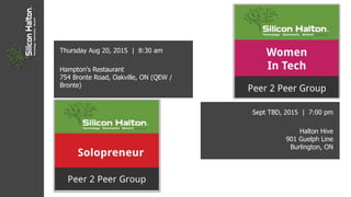 Thursday Aug 20, 2015 | 8:30 am
Hampton's Restaurant
754 Bronte Road, Oakville, ON (QEW /
Bronte)
Sept TBD, 2015 | 7:00 pm
Halton Hive
901 Guelph Line
Burlington, ON
 