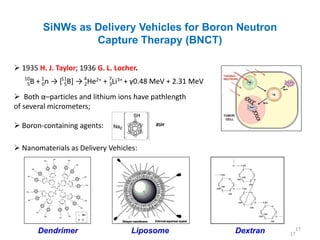 SiNWs as Delivery Vehicles for Boron Neutron
                    Capture Therapy (BNCT)

 1935 H. J. Taylor; 1936 G. L. Locher.
   10
    5B   + 1 n → [11B] → 4 He2+ + 7Li3+ + γ0.48 MeV + 2.31 MeV
           0       5     2        3

 Both α–particles and lithium ions have pathlength
of several micrometers;

 Boron-containing agents:                    BSH



 Nanomaterials as Delivery Vehicles:




         Dendrimer                     Liposome                  Dextran     17
                                                                           17
 
