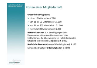 Kosten einer Mitgliedschaft.
Arbeitskreis
Software                  Ordentliche Mitglieder:
                            bis zu 10 Mitarbeiter: € 600
                            von 11 bis 50 Mitarbeiter: € 1.000
                            von 51 bis 500 Mitarbeiter: € 1.300
                            mehr als 500 Mitarbeiter: € 2.000
                          Netzwerkpartner, d.h. Vereinigungen oder
                          Zusammenschlüsse von Unternehmen oder
                          Institutionen, die überwiegend im Halbleiterbereich
                          tätig sind (ordentliche Mitglieder): € 3.000
                          Natürliche Personen (ordentliche Mitglieder): € 120
                          Mindestbeitrag für Fördermitglieder: € 4.000




www.software-saxony.de
 