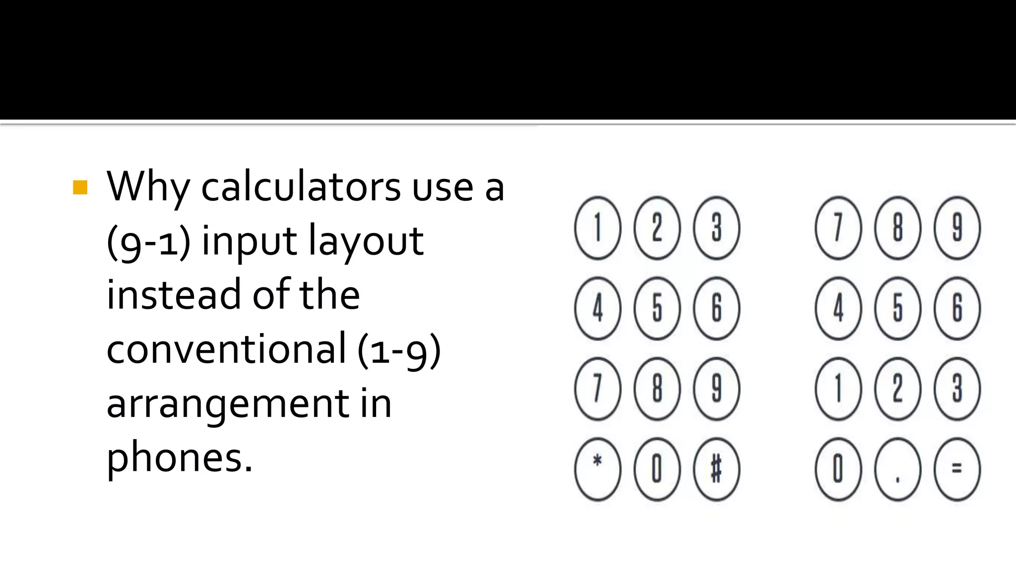  Why calculators use a
(9-1) input layout
instead of the
conventional (1-9)
arrangement in
phones.
 
