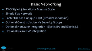Basic Networking 
 AWS Style L3 isolation – Massive Scale 
www.shapeblue.com @CloudStackGuru 
 Simple Flat Network 
 Each POD has a unique CIDR (Broadcast domain) 
 Optional Guest Isolation via Security Groups 
 Optional NetScaler Integration - Elastic IPs and Elastic LB 
 Optional Nicira NVP Integration 
 